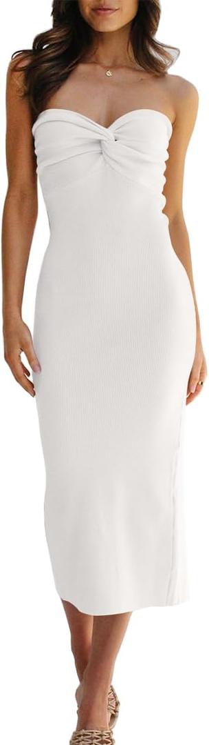 LILLUSORY Knitted Dresses Twisted Front Bodycon Dress with Back Slit (Small, White)