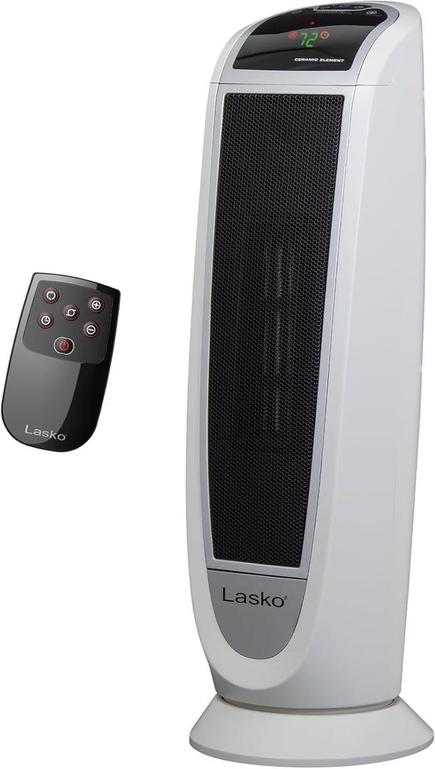 Lasko Oscillating Digital Ceramic Tower Heater for Home with Overheat Protection, Timer and Remote Control, 22.75 Inches, 1500W, White, 5165, Medium