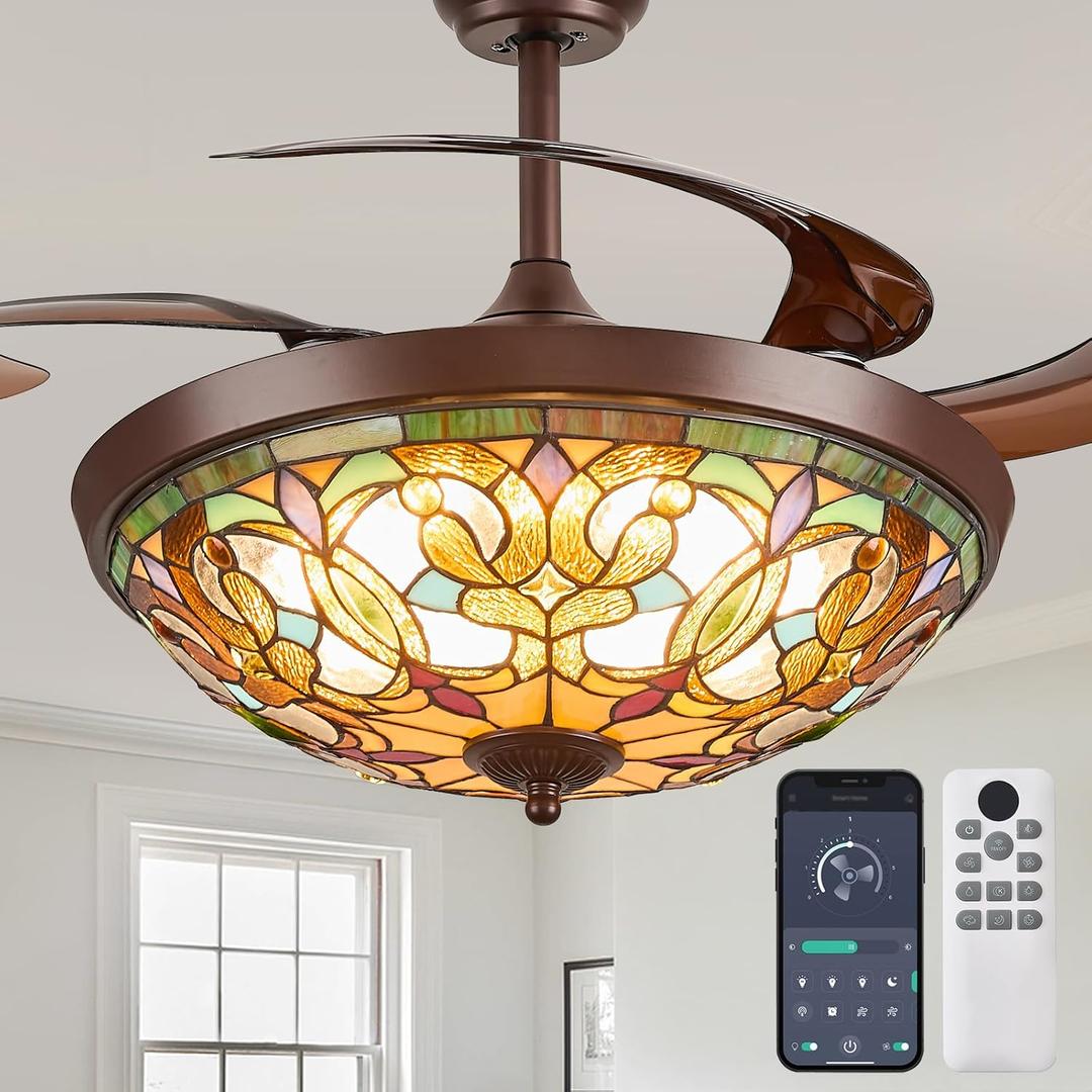 Ceiling Fans with Lights - 48" Retractable Ceiling Fan with Remote, App Control, 6 Speeds Reversible, LED Dimmable, Quiet Fandelier for Bedroom, Living Room (Art Nouveau, Brown)