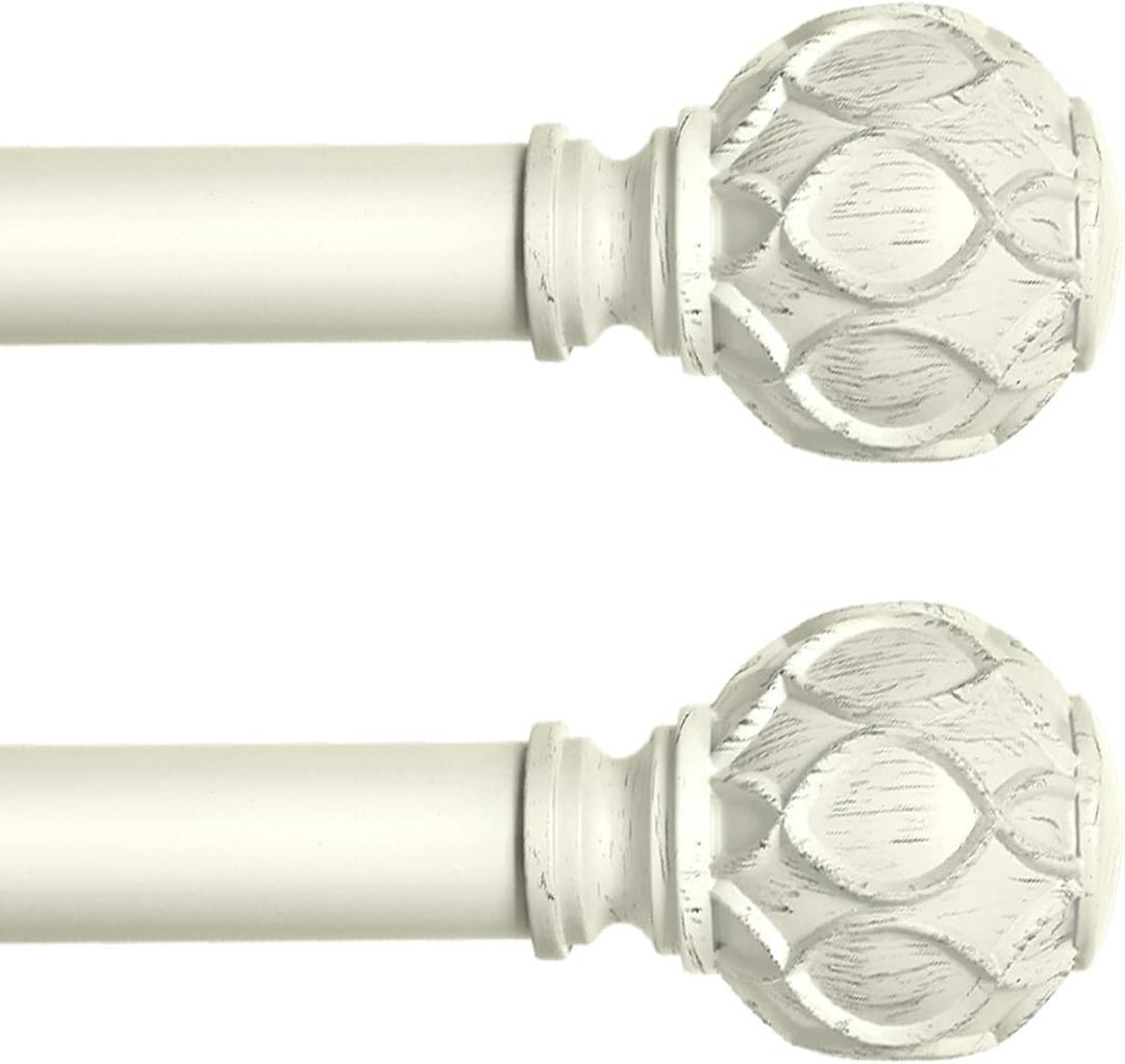 HTZON White Curtain Rods for Windows 2 Pack:Farmhouse Boho Decorative Curtain Rod for Bedroom Living Room, Heavy Duty Adjustable Rustic Drapery Rods with Vintage Coastal Finials, Antique White 18-45"