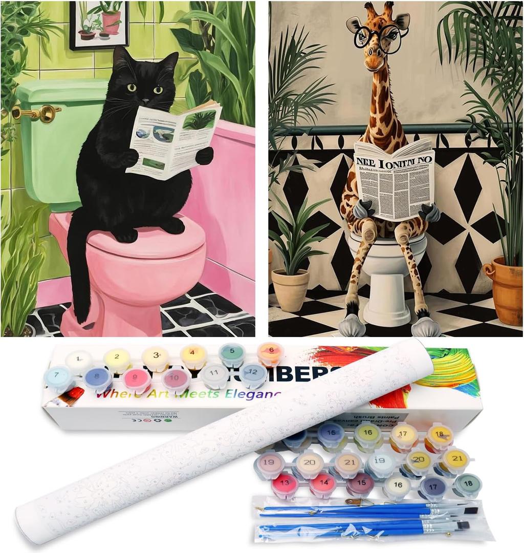 Mandun 2 Pack Paint by Numbers Kit for Adults, Cat Giaffe Paint by Numbers for Adults, DIY Adult Painting by Numbers Beginners on Canvas Acrylic for Home Wall Art Decor 12x16Inch (Rolled Package)
