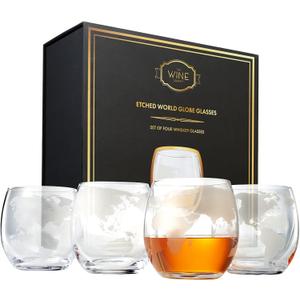 The Wine Savant Etched World Globe Glasses 10 oz -Set of 4, Wine, Whiskey, Scotch, Vodka Water or Juice Old Fashion Glass, World Glasses Etched Globe