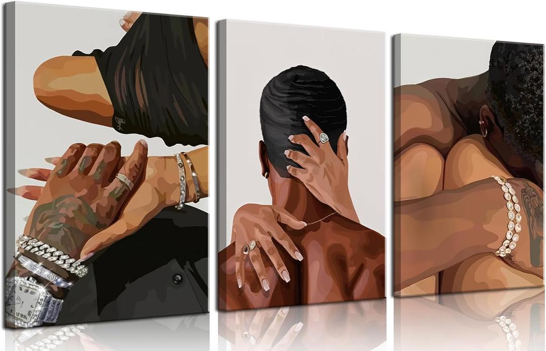 Black Couple Canvas Wall Art Set of 3 Fashion African American Black Love Wall Decor Pictures Afro Women Men Posters Prints for Living Room Bedroom Decoration, 12x16in
