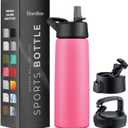 FineDine Triple Walled, Insulated Water Bottles with Straw - 25 Oz Stainless Steel Metal Bottle W/ 3 Leak Proof Lids - For Travel, School, Sports, Gym/Men, Women & Kids - Striking French Rose