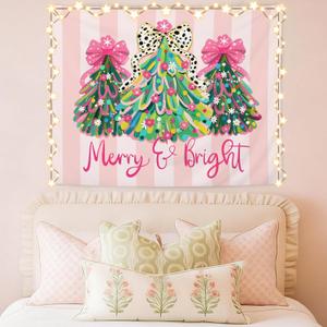 WHCHJ Coquette Christmas Tree Tapestry Backdrop, Merry and Bright Christmas Tapestry Wall Hanging, Preppy Girly Pink Striped Xmas Tapestries Wall Blanket Decor for Party Home Room Dorm, 50x60 Inch