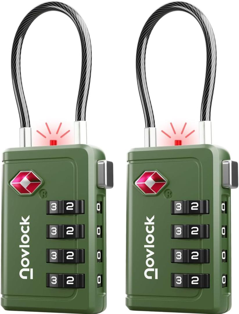 TSA Approved Luggage Locks | Inspection Indicator, 4-Digit Combination, Durable Zinc Alloy | for Suitcases, Backpacks, Travel Bags | Green, 2-Pack