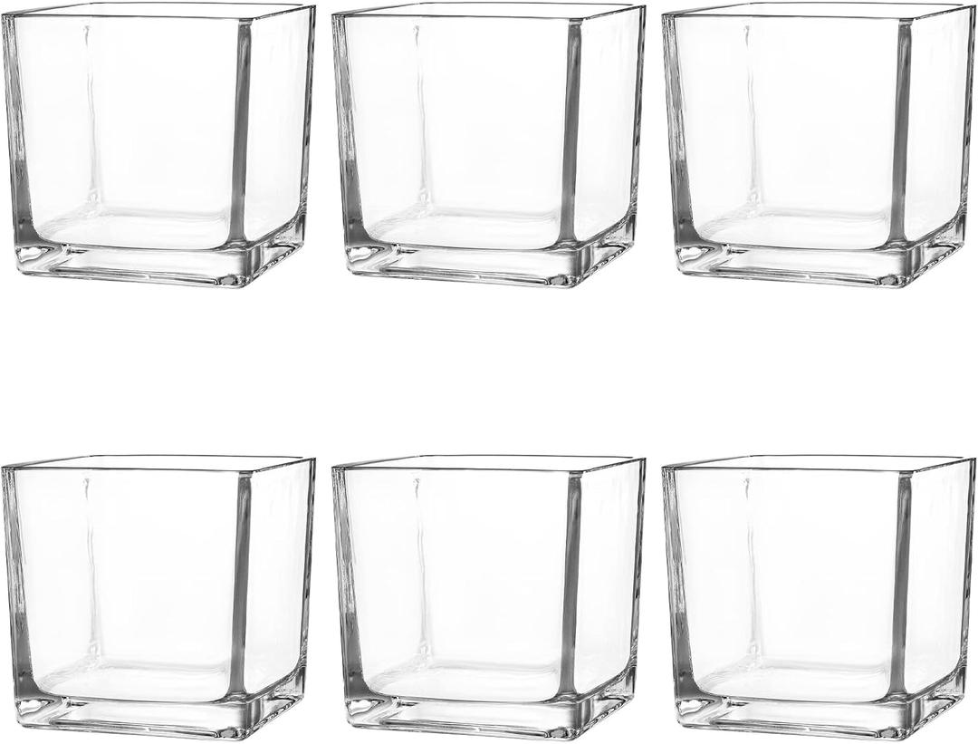 Set of 6 Square Glass Vases 4" x 4" x 4", Clear Flower Vase, Plant Terrarium, Candle Holder for Wedding Centerpiece, Office Decorations, Home Dcor, Parties and Events