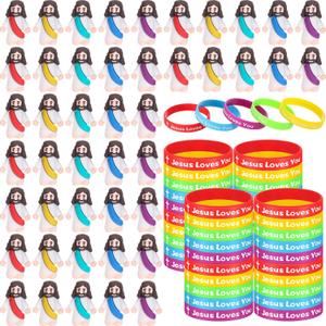 Barydat 100 Pcs Easter Jesus Toys Little Mini Jesus Figures Jesus Loves You Silicone Bracelets Easter Christian Wristbands Bible Verse Bracelets for Sunday School Religious Baptism