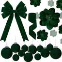 26 PCS Christmas Velvet Ornaments Decor Kit - Tree Toppers Bow, Ribbon, 12 Flocked Christmas Balls & 12 Artificial Magnolia Flowers for Green Holiday Xmas Tree Decorations (Green)