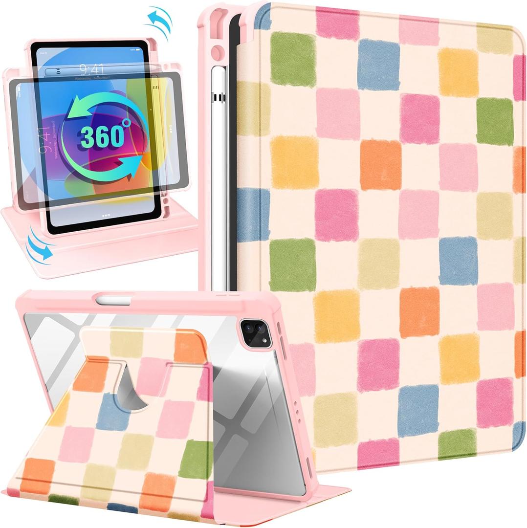 Uppuppy for iPad Air 11 inch Case(Air M4 2026, 8th Gen/M3 2025/M2)/Air 5th/4th Gen 10.9", for iPad Pro 11 inch Case(4th/3rd/2nd/1st Gen) - 360 Rotating Smart Folio Cover with Pencil Holder, Checkered