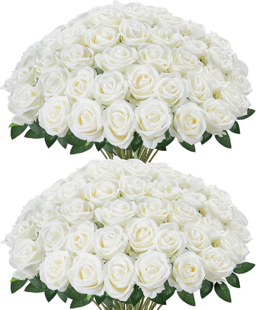 InnoGear 50 Pcs White Roses Artificial Flowers, Fake Velvet Silk Rose Bulk Faux Flower for Mother's Gift Decoration DIY Wedding Centerpieces Proposal Bridal Bouquets Party Floral Decor (50, White)