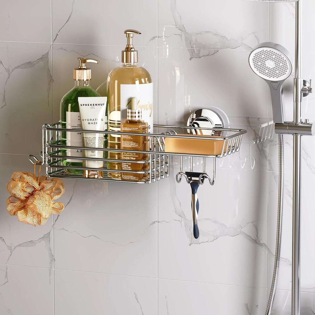 LEVERLOC Shower Caddy Suction Cup, Shelves for Inside with Hooks & Soap Holder Toothbrush Holder, NO-Drilling Bathroom Organizer, Rustproof Holder Storage, Silver (1 X Silver)