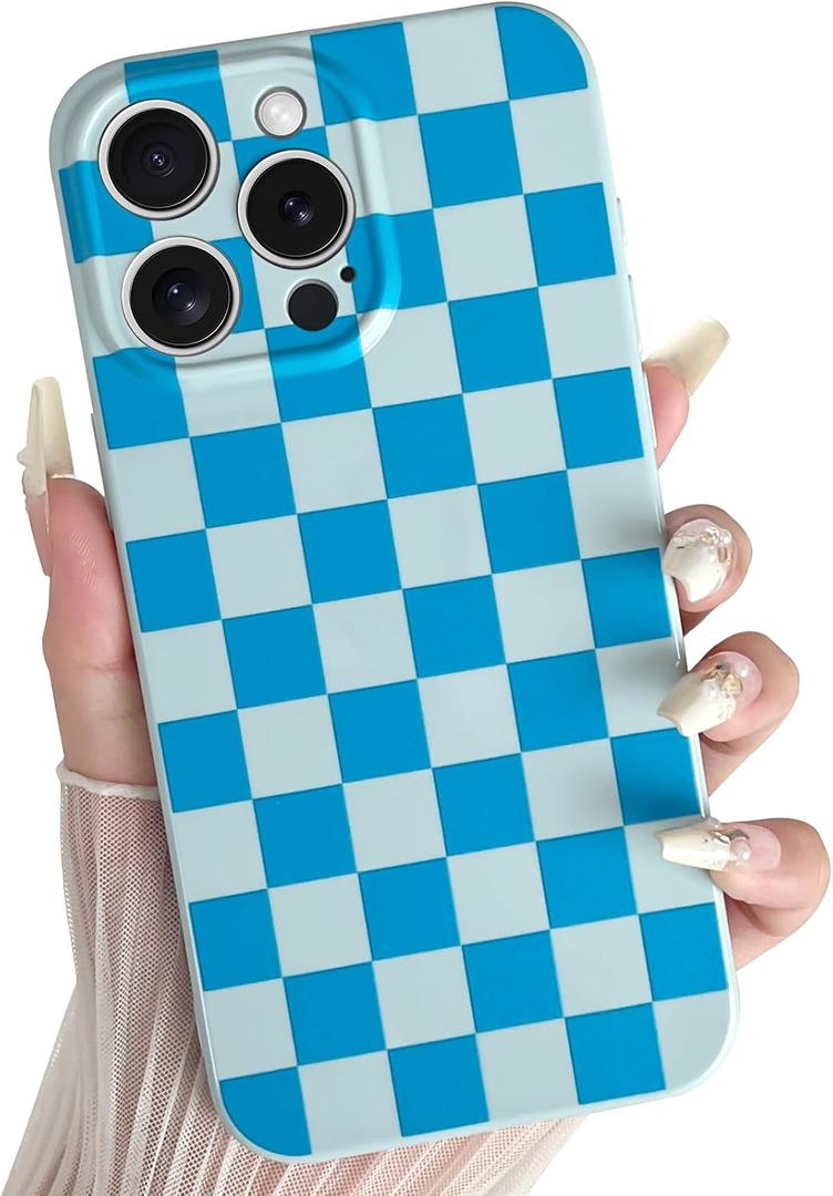 Case for iPhone 14 Pro Max, Cute Checkered Checkerboard Pattern Design Soft TPU Silicone Phone Case with Camera Protection Slim Shockproof Protective Case for Women Girls - Blue