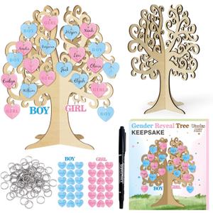 BeYumi Gender Reveal Wooden Keepsake - Heart Gender Reveal Wooden Tree Gift Set Baby Shower Guest Book Party Keepsake What Will Baby Be Boy or Girl 3D Wood Tree Decoration Party Ideas Supplies