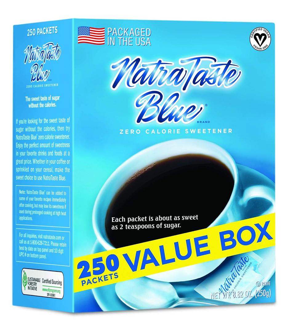 NatraTaste Blue Zero Calorie Sweetener, Bulk Sugar Substitute for Coffee, Iced Tea, Lemonade, Hot & Cold Drinks, Baking, Cooking, Low Carb, Vegan, Sugar Alternative, 250 Packets Value Box (8 pack) | Sugar Substitute for Coffee, Iced Tea, Lemonade, Hot & Cold Drinks, Baking, and Cooking, Low Carb, Vegan, Sugar Alternatives (EXP 01/01/27)