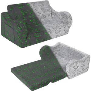 Kids Extra Wide Glow in The Dark Chairs for Toddler, 2-in-1 Toddler Soft Sherpa Couch Fold Out, Convertible Sofa to Lounger for Girls and Boys, Dark Grey (Large)