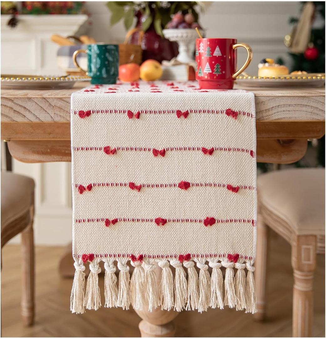 Caflife Christmas Valentines Table Runner 90 Inchs Long for Farmhouse Room Home Valentine's Day Decorations, Boho Red Table Runner, Natural Cotton Woven for Holiday Kitchen and Dining Table Decor
