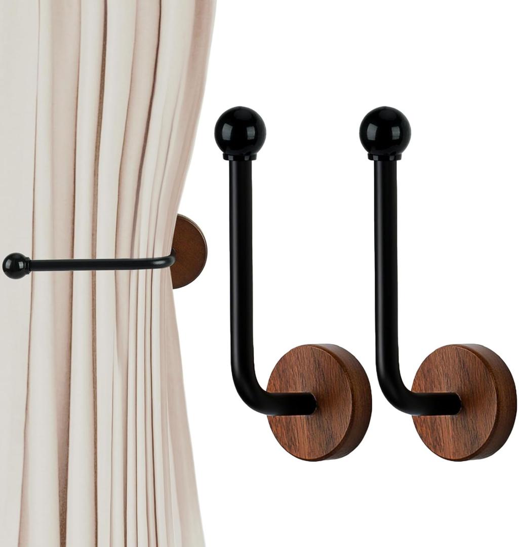2 Pack Adhesive Curtain Holdbacks no Drill Wood Curtain Tiebacks Wall Mounted Curtain Pull Backs Curtain Tie Backs for Drapes (Black)