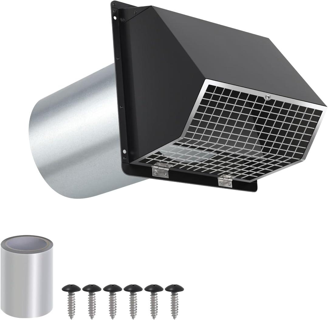 4 Inch Hooded Wall Vent with Screen and Damper,Outdoor Dryer Vent Cover for 4 inch Pipe,Wall Exhaust Vent Cover Cap External Extractor for House Ventilation&Outside Air Exhaust,Galvanized Steel,Black