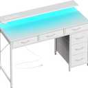Huuger Gaming Desk with 6 Drawers, Computer Desk with LED Lights Power Outlets and Type-C, 39 Inch Office Desk with Storage, Monitor Stand, Writing Desk Work Desk Home Office, Bedroom, Study, White