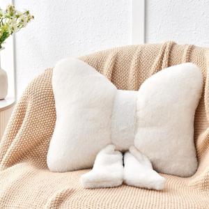 Ivory Bow Pillow,12'' Bow Decorative Pillows with Faux Rabbit Fur,Soft Bow Throw Pillows Aesthetic Bow Shaped Pillow for Bed Sofa Couch Home Decor (Small-12 * 9 Inch)