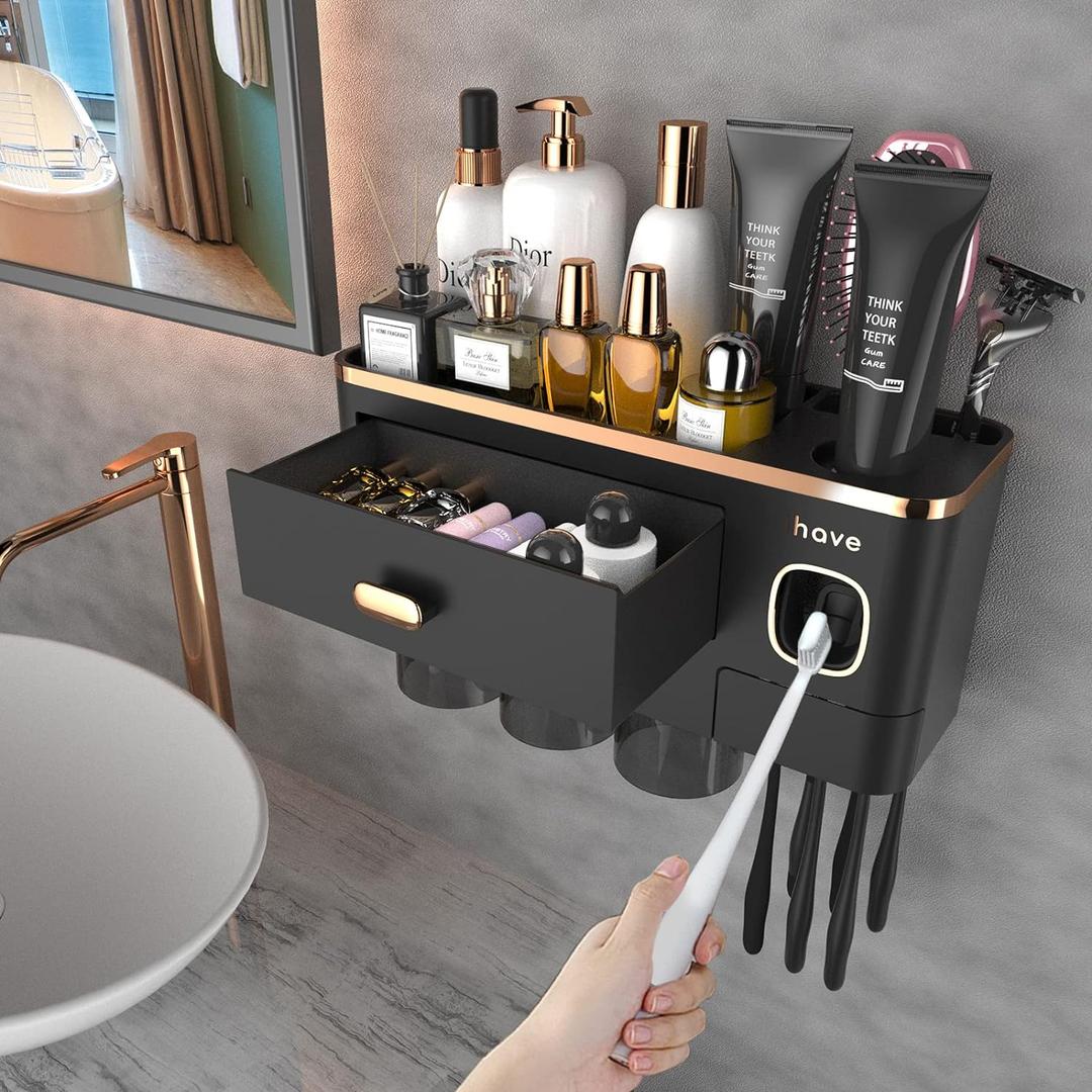 iHave Toothbrush Holders for Bathrooms - Upgrade Wall Mounted Toothbrush Holder with Toothpaste Dispenser - 3 Cups, Large Capacity Tray - Bathroom Accessories & Bathroom Storage (Black Gold)