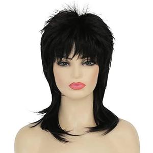 Amnenl Mullet Wig for Women Black Shoulder Length Shaggy Layered Wig Curly 80s Wigs Heat Resistant Cosplay Daily Hair Wigs (Black)