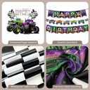Monster Truck Birthday Decorations - Cake Topper, Banner, Backdrop, Latex Balloons, Foil Balloons, Table Cover, Sticker Set,149Pcs Set, Monster Truck Party Decorations (Purple and Green)