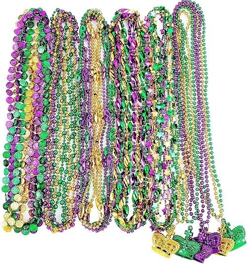Mardi Gras Beads Necklaces Bulk 33 Inch Multi Colors Carnival Accessories Metallic Coin Crown Star Necklaces Bundle Mardi Gras Throws Bulk for Parades Party Favor Women Men