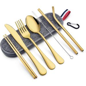 LIANYU 8-Piece Portable Utensils Set, Stainless Steel Gold Travel Silverware Set, Reusable Flatware Cutlery with Straws Chopsticks, Gray Case