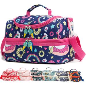 Insulated Kids Dual Compartment Lunch Bags Tote for Girls Boys Lunch Boxes Pre-School Toddler Kindergarten Picnic Camp Food Cooler Thermal with Strap (Blue Unicorn)