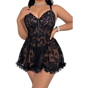 Mixxmix Plus Size Lingerie for Women Open Back Sexy Lingerie Dress Floral Lace Babydoll Chemise Lace Nightgown 4XL