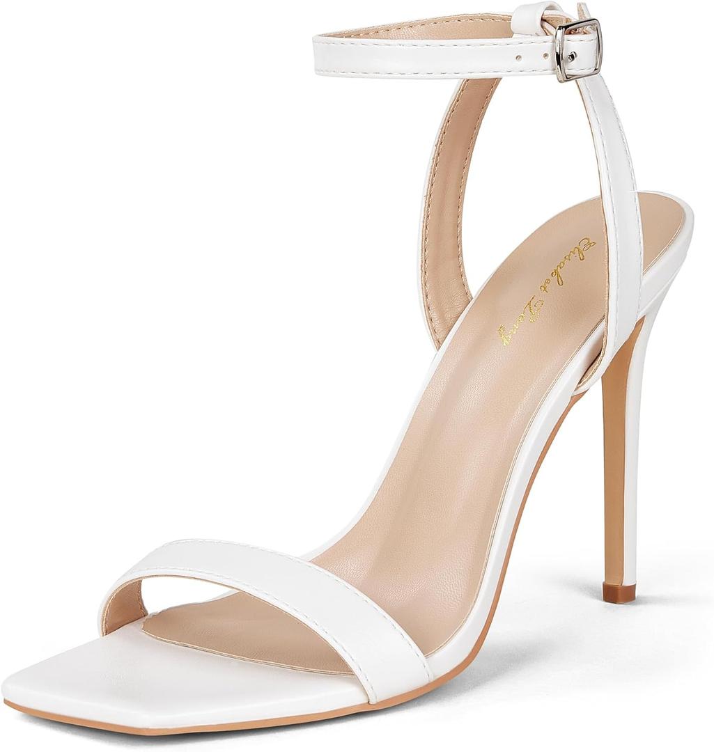 Elisabet Tang Women's Stiletto Heels Ankle Strap Open Square Toe Heeled Sandals Sexy Comfort Strappy Dress High Heel Shoes Lace Up Wedding Party Sandals Shoes (7, White)