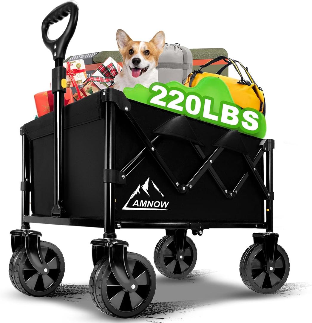 AMNOW Collapsible Folding Wagon Cart, 350 LBS Utility Large Capacity Cart Foldable Wagon with All Terrain Wheels Grocery Wagons Carts for Garden Shopping Sports Camping, Black