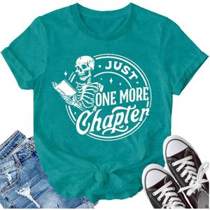 LBP Womens Skeleton Reading Shirts Book Lovers Funny Reading T-Shirt Just One More Chapter Tee Tops (X-Large, Cyan)