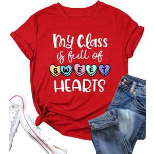 PECHAR Valentines Shirts Women Lover Heart Graphic Shirt Pullover Long Sleeve Tee Tops (Red, L)