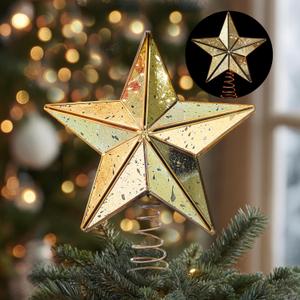 Gejoy 9.8 Inch Christmas Tree Topper Antique Mercury Glass Star Miniature Star Treetop Xmas Treetop Ornament for Tree Home Farmhouse Holiday Party Decorations (Gold, Vintage)