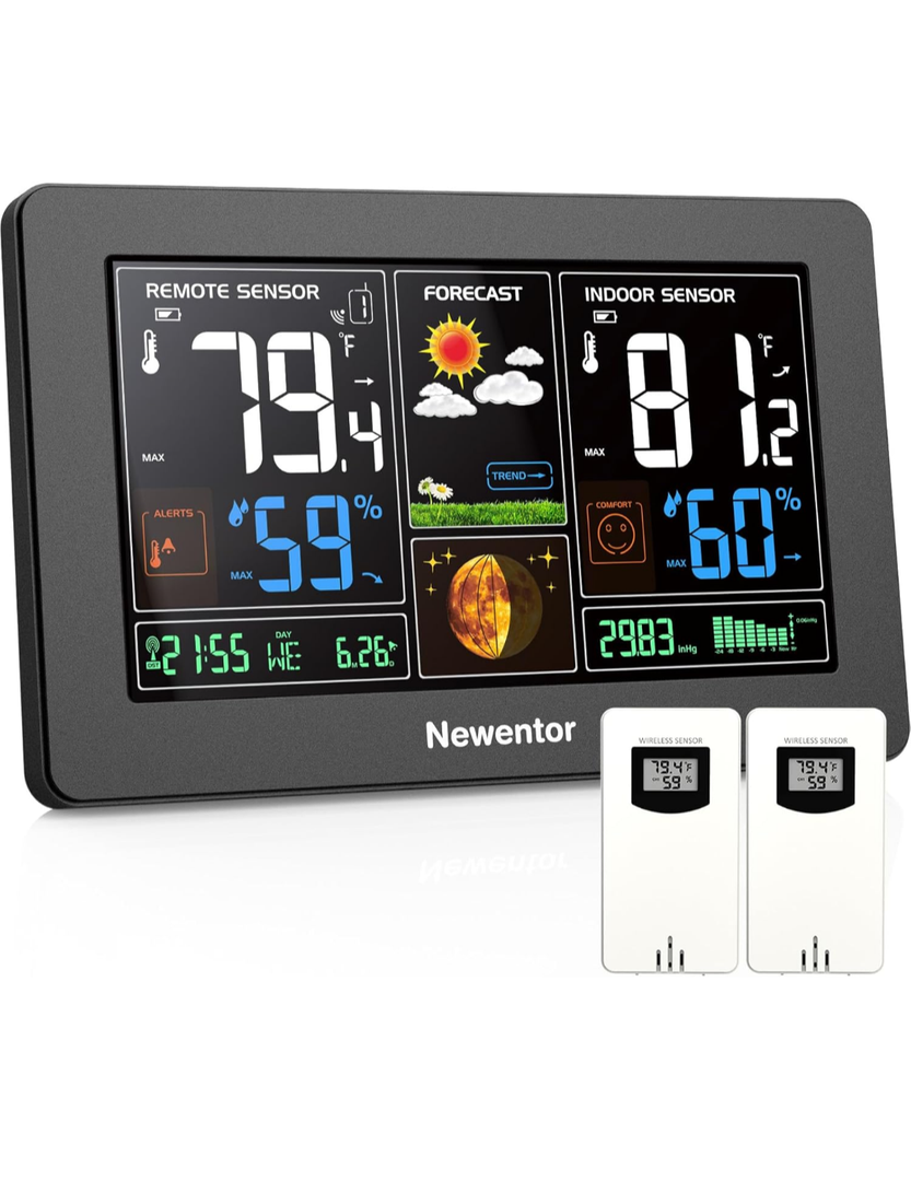 Newentor Weather Station Wireless Indoor Outdoor Thermometer, Color Display Digital Weather Thermometer with Atomic Clock, Barometric Pressure, Forecast Station with Adjustable Backlight,Black,2Sensor