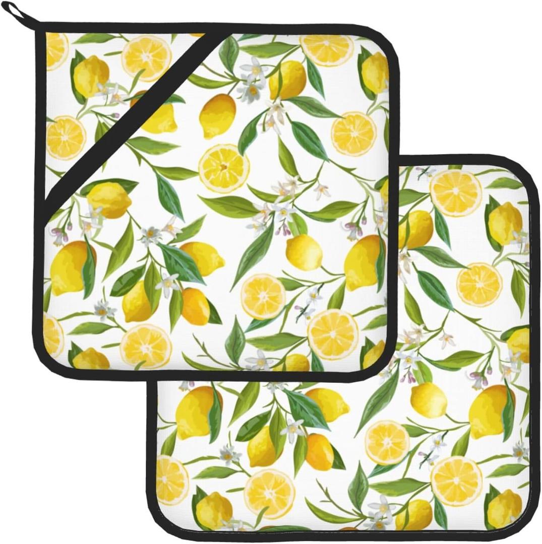 Oven Hot Pads for Kitchen,Lemon Fruits Pot Holders Set of 2 Heat Resistant & Non Slip Potholders, Tropical Flower Leaves Pot Holder for Kitchen Cooking Baking Barbecue BBQ