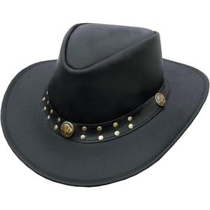 Leather Cowboy Hat for Men Women Western Australian Outback Hat with Shapeable Wide Brim, Aussie Style Leather Hat (Small, Black)