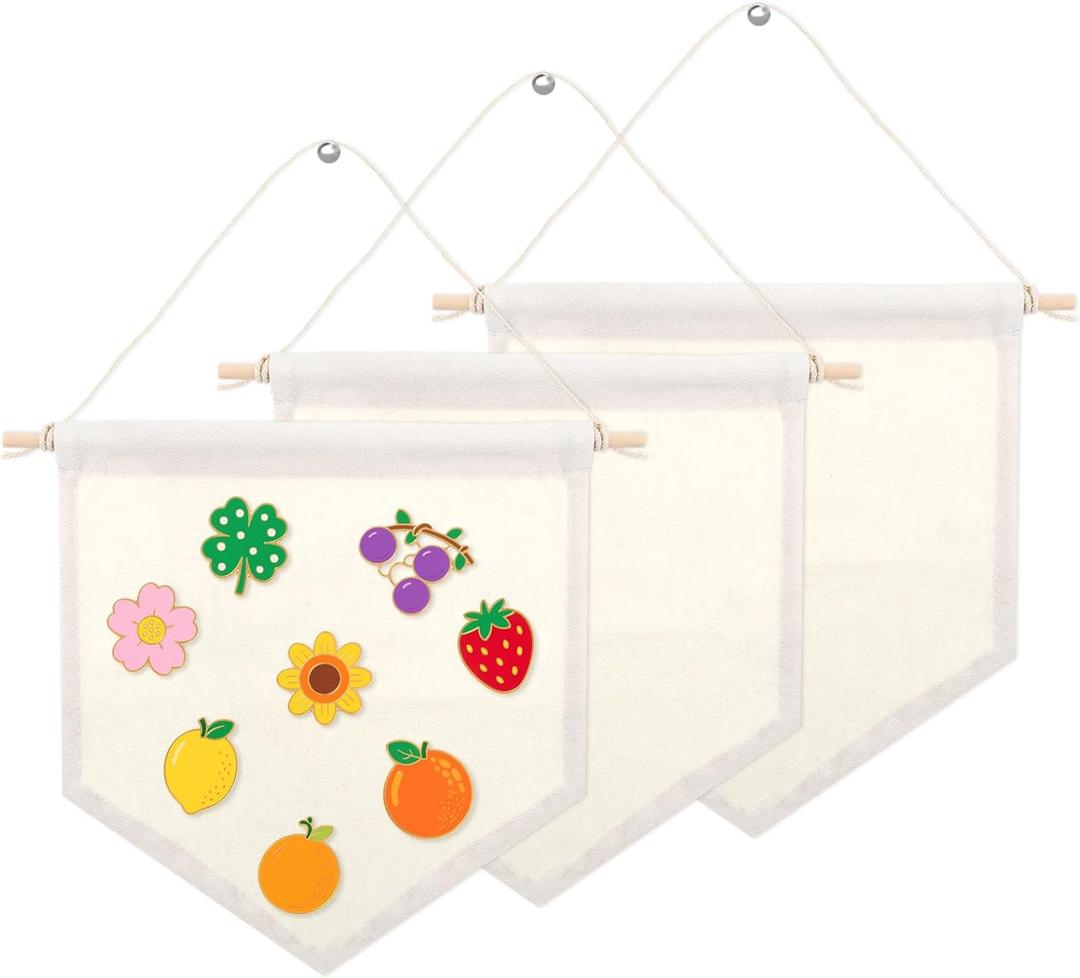 3 Pcs Canvas Banner Blank, Wall Hanging Brooch Pennant Banner Flags Fabric Banners Holder with Wooden Dowels DIY Wall Decor for Enamel Pin Display, Jewelry Organizer, Weddings, Classroom, Gifts