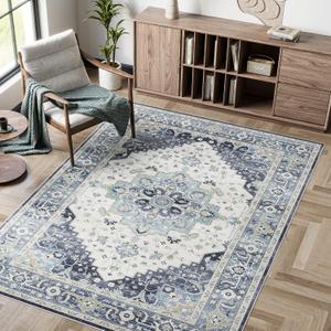 Dripex Vintage Washable Area Rug - 3'x5 Entryway Rug for Indoor Door Mat Low-Pile Non-Slip Bedside Rug Bedroom Oriental Medallion Floral Print Carpet Soft Accent Rug Farmhouse Office Home Decor (Teal/Multi)