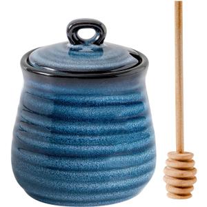 Tikooere Ceramic Honey Pot with Lid and Honey Dipper, 12 oz Honey Jar and Wooden Dipper, Pottery Honey Container for Home, Cute Honey Dish, Dishwasher Safe, Blue