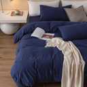 JIYUAN King Size Duvet Cover Set, 3-Piece - 100% Washed Cotton, Linen-Like Soft & Breathable with Zipper Closure, Includes 104x90 Inch Cover & 2 Pillowcases, Solid Navy Blue