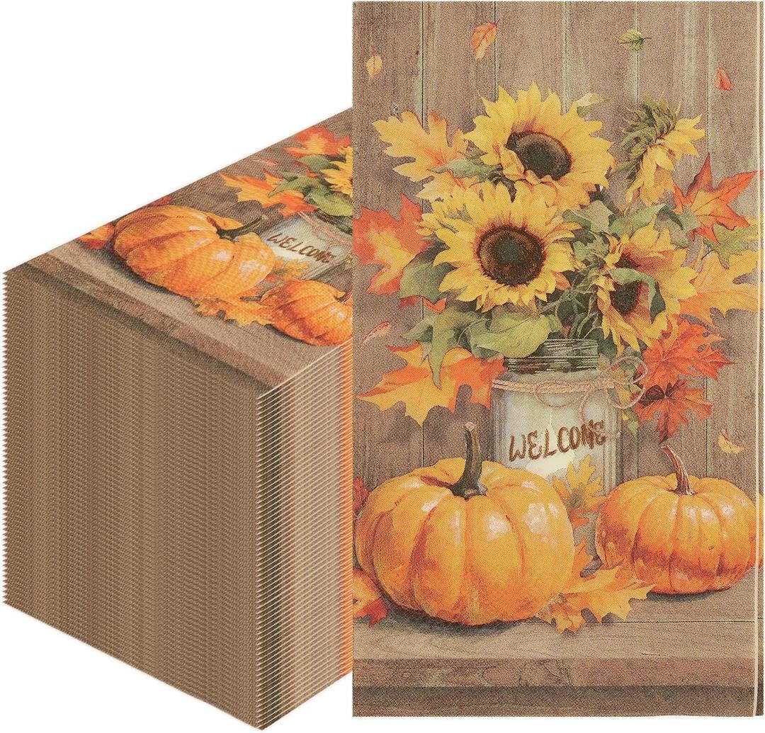 100PCS Fall Thanksgiving Napkins, Disposable Sunflower Pumpkin Paper Napkins for Thanksgiving Party Table Decorations