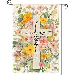 AVOIN colorlife Floral Easter Garden Flag 12x18 Inch Double Sided Outside, He Is Risen Cross Flowers Yard Outdoor Flag