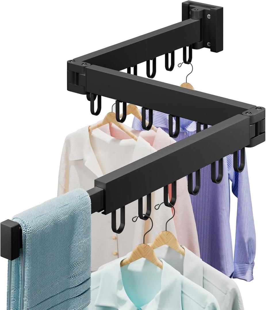 Abiglifty Clothes Drying Rack Wall Mounted, Laundry Drying Rack Collapsible, Foldable & Retractablewith 18 Hooks for Indoor/Outdoor Use inLaundry Room, Bathroom & Balcony (Black)