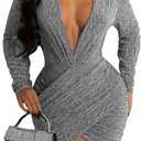 FairBeauty Women's Sexy Sparkly V Neck Long Sleeve Ruched Metallic Bodycon Club Mini Dresses (Medium)