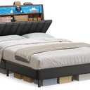 VASAGLE LED Bed Frame Full Size, Storage Headboard and Charging Station, Full Bed Frame with 2 AC Outlets, 1 USB Port, 1 Type-C Port, No Box Spring Needed, Ink Black and Rustic Brown URMB842B01