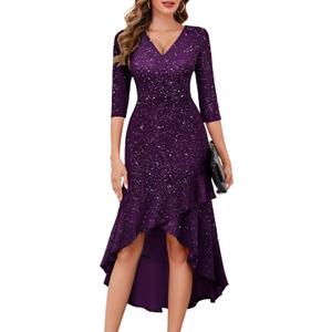BeryLove Sequin Formal Cocktail Wedding Guest Dress Prom Sparkly Party Evening Gowns Ruffle Hi Low Midi Dresses (Small, Grape)